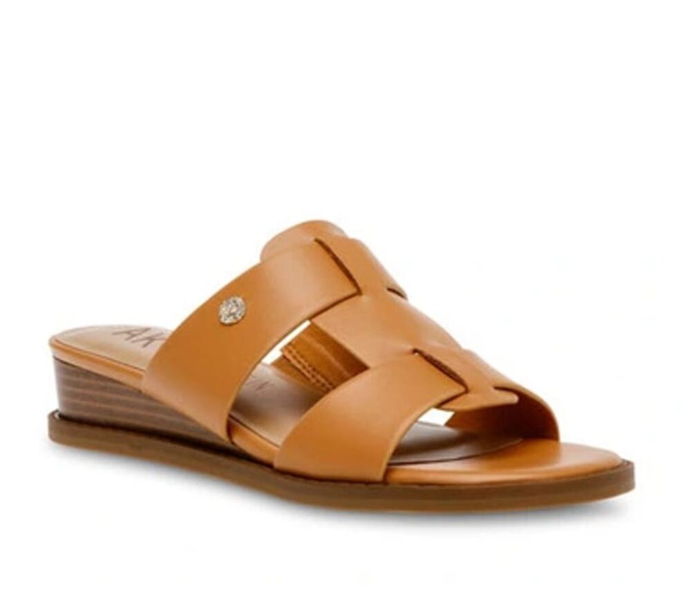 Anne Klein Babs Slip On Low Wedge Heel Sandals Women's 10M Cognac Brown NWOT